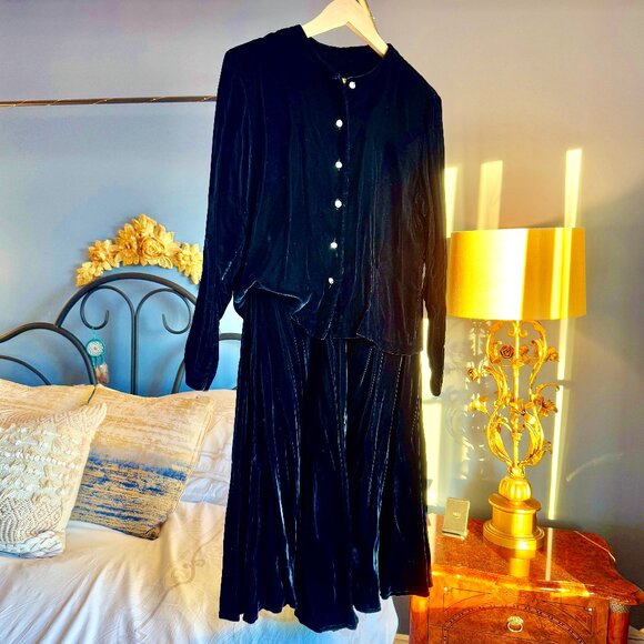 Vintage Black Velvet Long Sleeved Crystal Button Down Top and Maxi Skirt - Picture 1 of 14